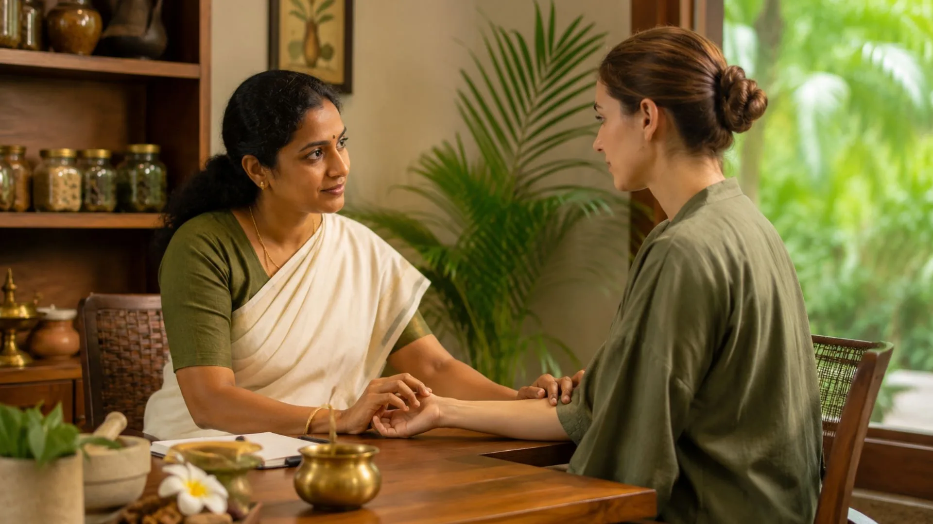 Ayurvedic wellness therapist applying oil treatment to a guest